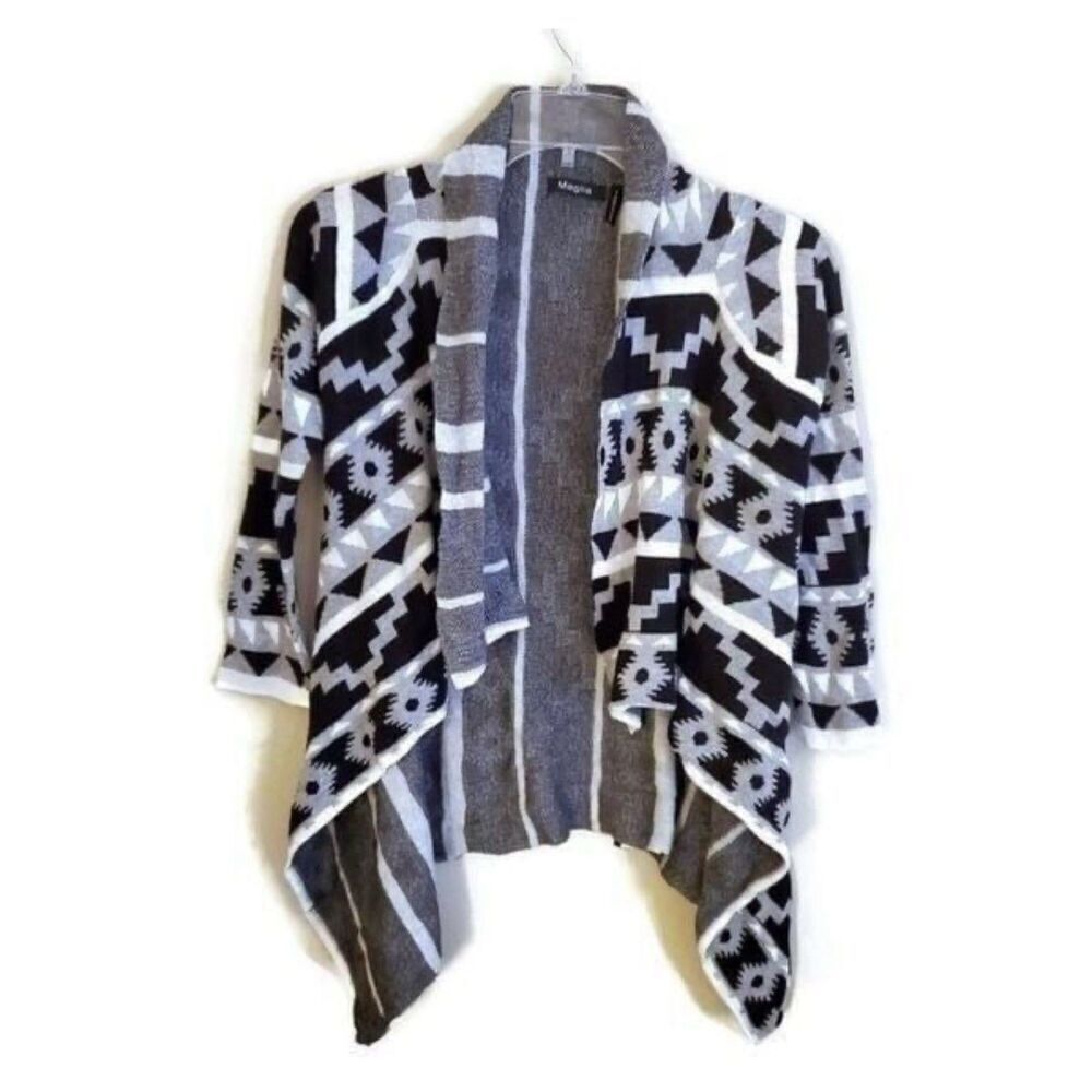 Maglia Aztec Black & White Knit Cardigan Womens Sz S Sweater Open Front Collar